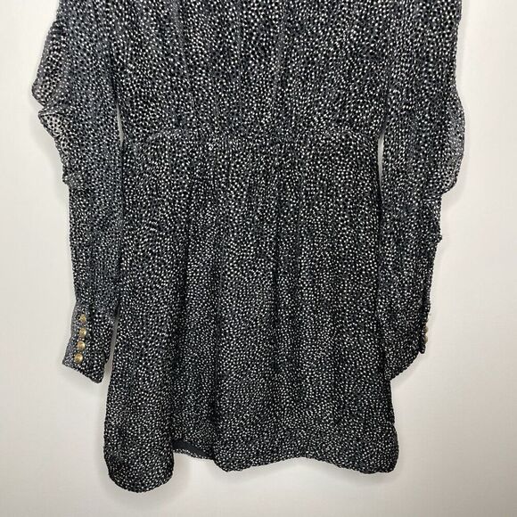 PINKO Mini Dress Women 2 Black Gray Dot Long Sleeve Ruffle Trim Viscose Silk - Picture 10 of 15